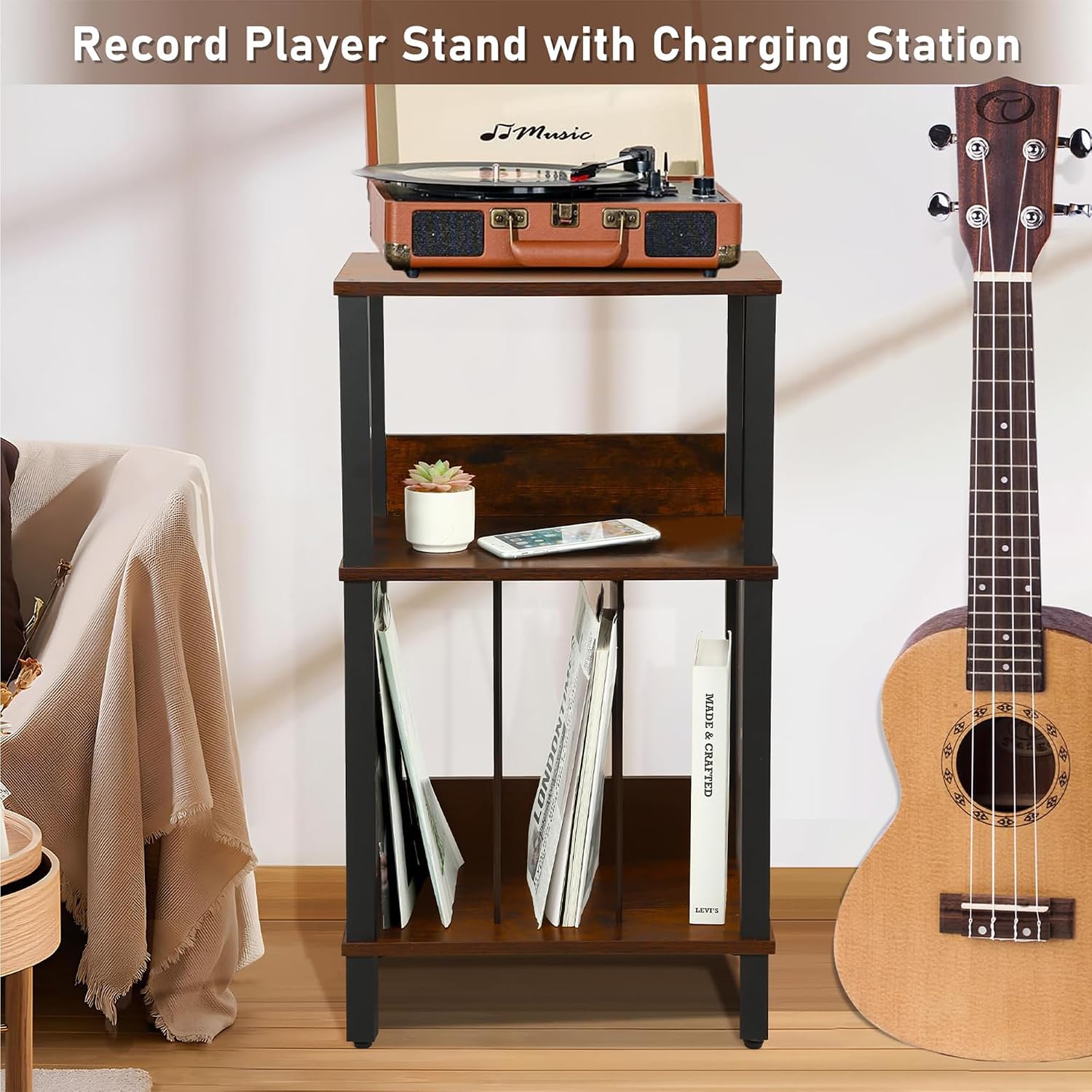 DGSANDGO Mid-Century Now Playing Vinyl Record Stand, Record Player Stand, End Table with Charging Station, 3 Tier Rustic Brown w/Guard Rails, Holds 100 Vinyl Albums, for Living Room Bedroom Office