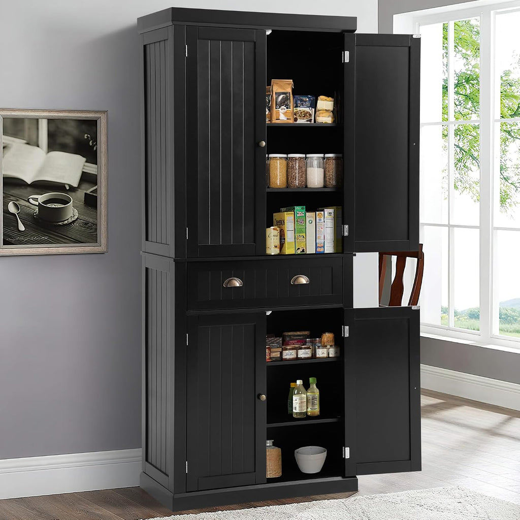 KIGOTY 72" Tall Kitchen Pantry Cabinet with Drawer and 4 Adjustable Shelves, Freestanding Pantry Storage Cabinets, Wood Cupboard Pantry Cabinet for Kitchen, Dining Room, Living Room, Black