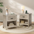 Rattan Nightstand Set of 2 with Charging Station, 22'' Wide Bedside Table with Drawer & Open Shelf, Wood Night Stand End Side Table with Storage for Bedroom, Grey Oak