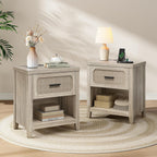 Rattan Nightstand Set of 2 with Charging Station, 22'' Wide Bedside Table with Drawer & Open Shelf, Wood Night Stand End Side Table with Storage for Bedroom, Grey Oak