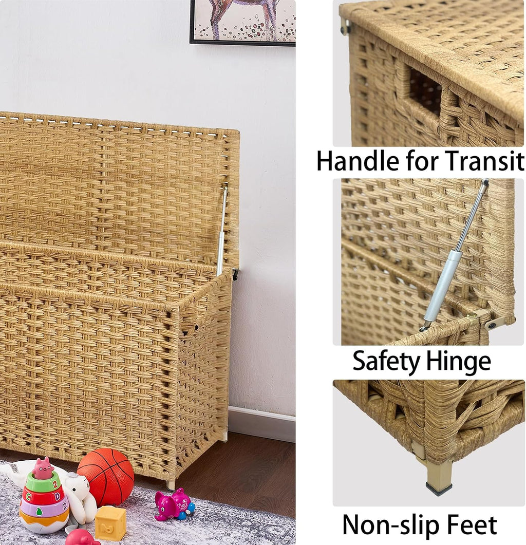 Wicker Storage Trunk, Large Storage Basket with Lid,Rural Natural | Handwoven Wicker Chest with Stay-Open Lid, 30 x 17 x 18 in, 160L（42.3 Gallon）Metal Frame, Easy to Assemble, Supports 200lb