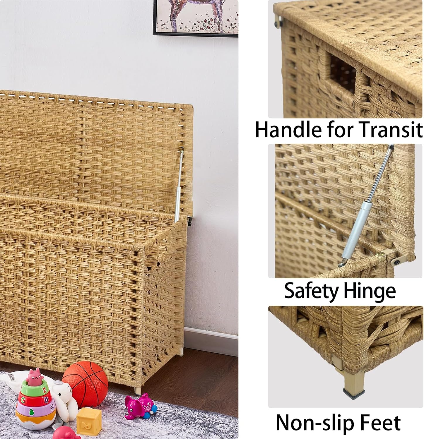 Wicker Storage Trunk, Large Storage Basket with Lid,Rural Natural | Handwoven Wicker Chest with Stay-Open Lid, 30 x 17 x 18 in, 160L（42.3 Gallon）Metal Frame, Easy to Assemble, Supports 200lb