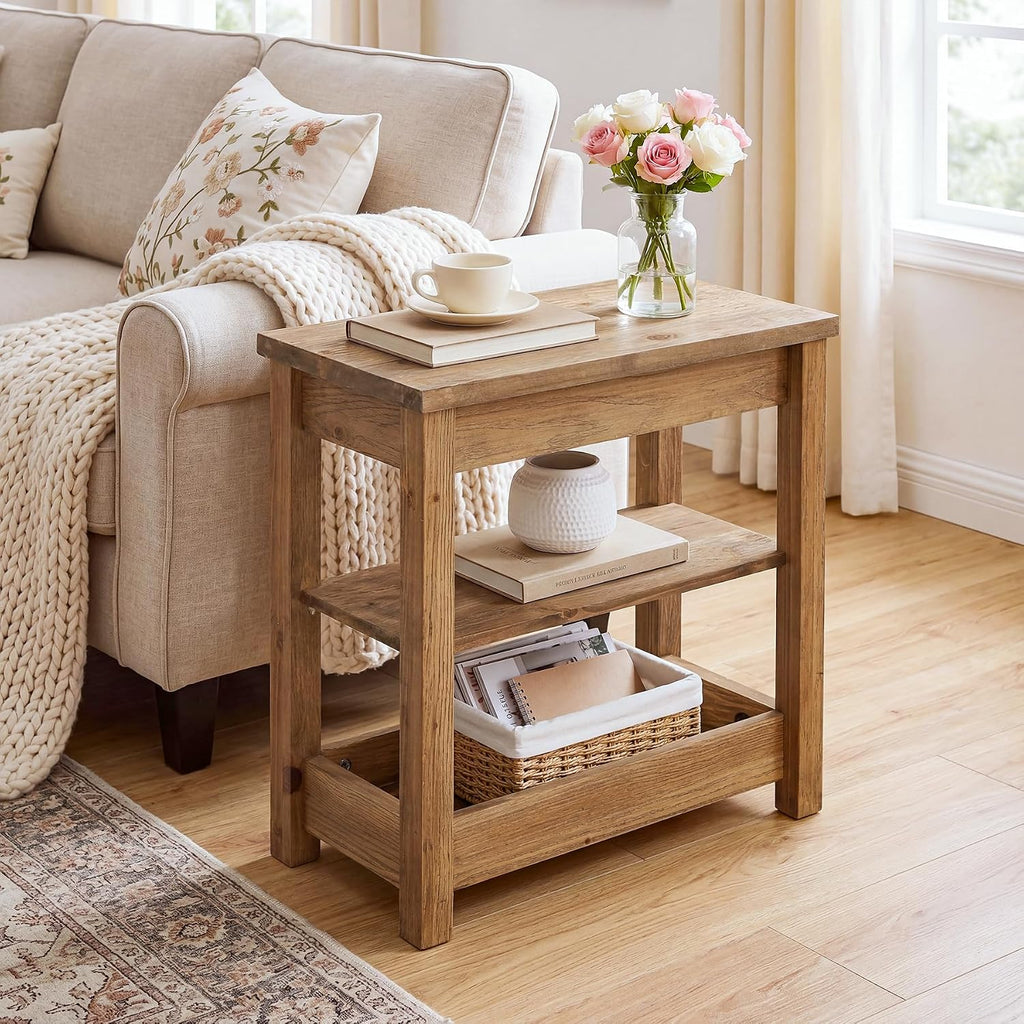 Solid Wood End Table, Farmhouse Narrow Sofa Side Table with 3-Tier Storage Shelf, Small Rectangular Nightstand for Living Room, Bedroom, Small Space, Space-Saving, Brown