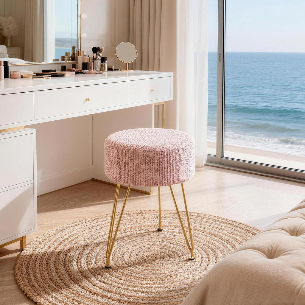 DUMOS Velvet Vanity Stool, 350LBS Heavy-Duty Makeup Stool with 4CM Thick Cushion, Round Ottoman Footrest Chair for Bedroom, Bathroom, Dressing Table, Easy-Clean Soft Fabric, Pink
