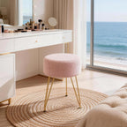 DUMOS Velvet Vanity Stool, 350LBS Heavy-Duty Makeup Stool with 4CM Thick Cushion, Round Ottoman Footrest Chair for Bedroom, Bathroom, Dressing Table, Easy-Clean Soft Fabric, Pink