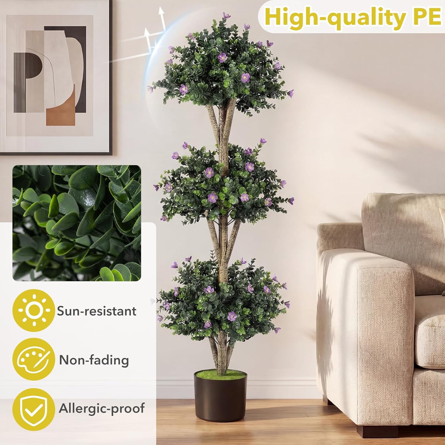 Goplus 51" Artificial Triple Ball Boxwood Topiary Tree, Faux Bush Plant with 59 Blossoms, Cement-Filled Plastic Pot, Sun-Resistant Indoor Outdoor Fake Greenery for Porch Home Decoration Housewarming