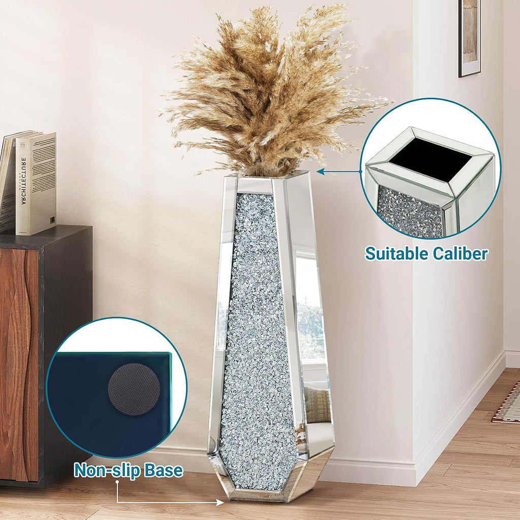 30" Tall Crushed Diamond Floor Vase, Silver Large Vases for Decor Living Room, Crystal Mirrored Home Decor Vases for Dried Flower