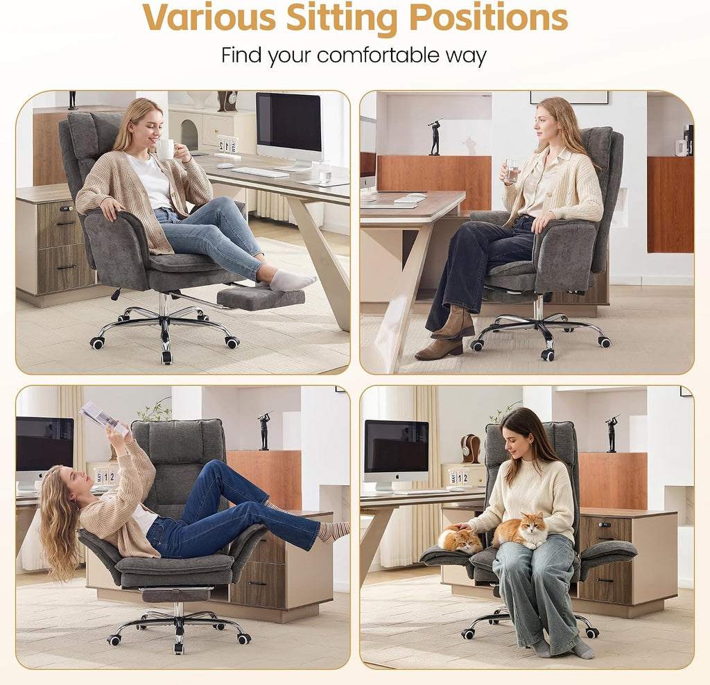 Big and Tall Office Chair, Cloud Reclining Office Chair with Footrest & Flip Armrest for Pets, Executive Ergonomic Criss Cross Desk Chair, Swivel Gaming Chair with Lumber Pillow, Chenille Light Grey