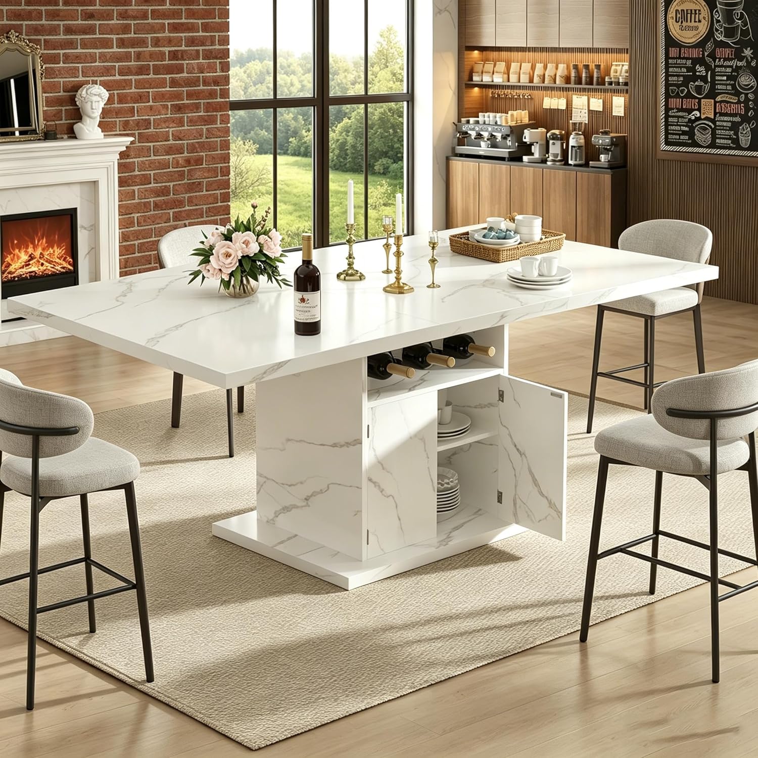 Extendable Dining Table for 4-6, 47-63 Inch Faux Marble Extendable Dining Room Table, Modern Expandable Rectangle Kitchen Dining Table with Storage for Kitchen Living Room