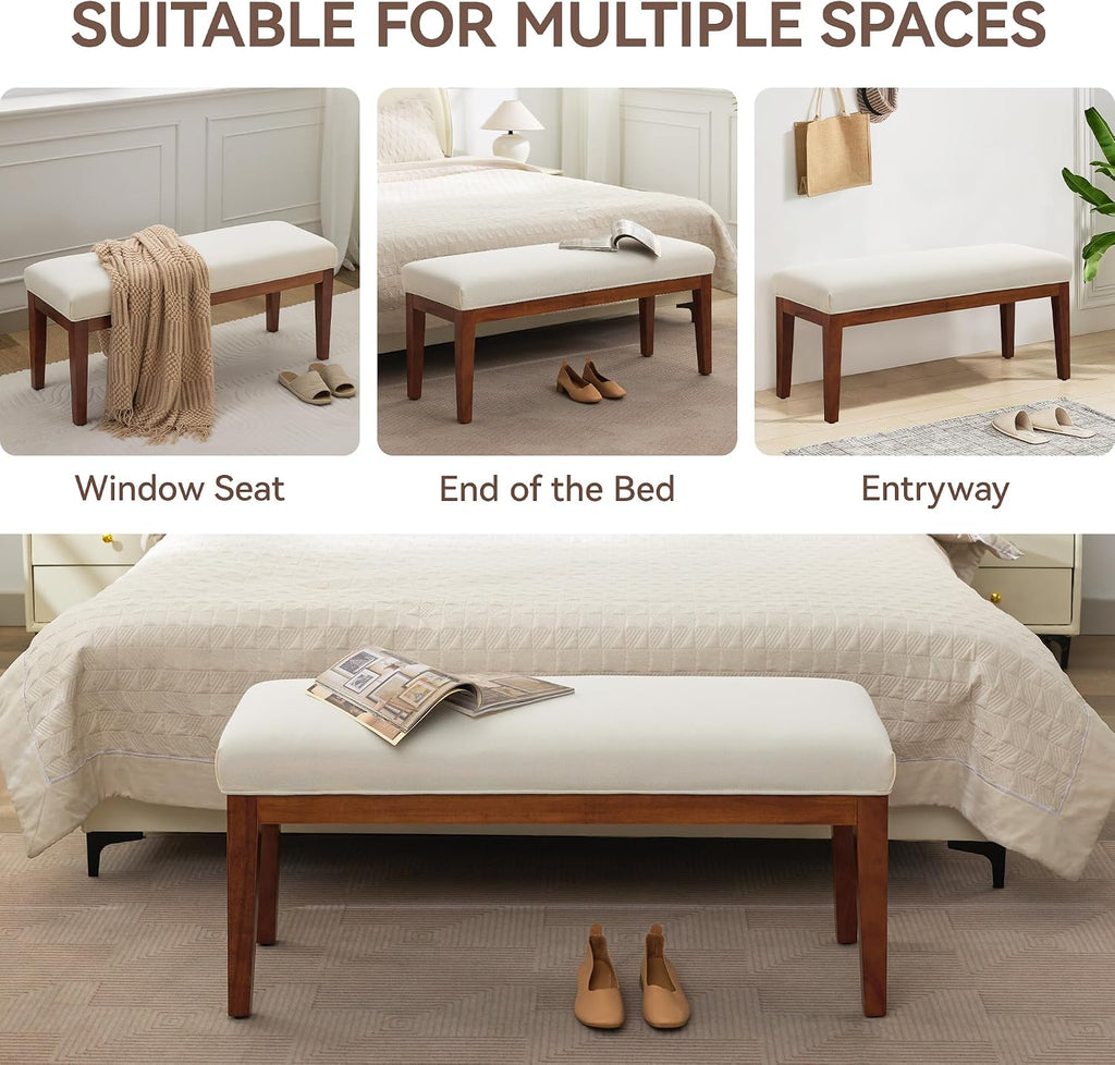 WUTUTUEE 43.5'' Linen Bedroom Bench, Upholstered End of Bed Bench, Padded Vintage Dining Bench, Entryway Bench with Solid Wood Legs, Kitchen, Living Room, Hallway, White