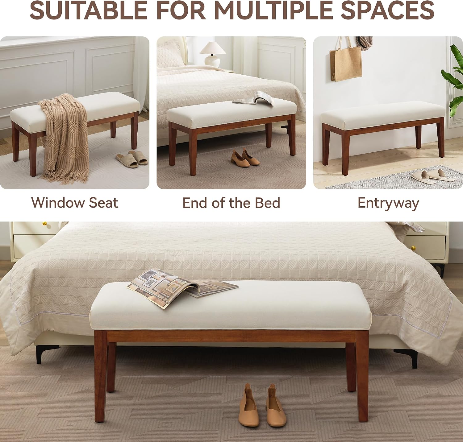 WUTUTUEE 43.5'' Linen Bedroom Bench, Upholstered End of Bed Bench, Padded Vintage Dining Bench, Entryway Bench with Solid Wood Legs, Kitchen, Living Room, Hallway, White