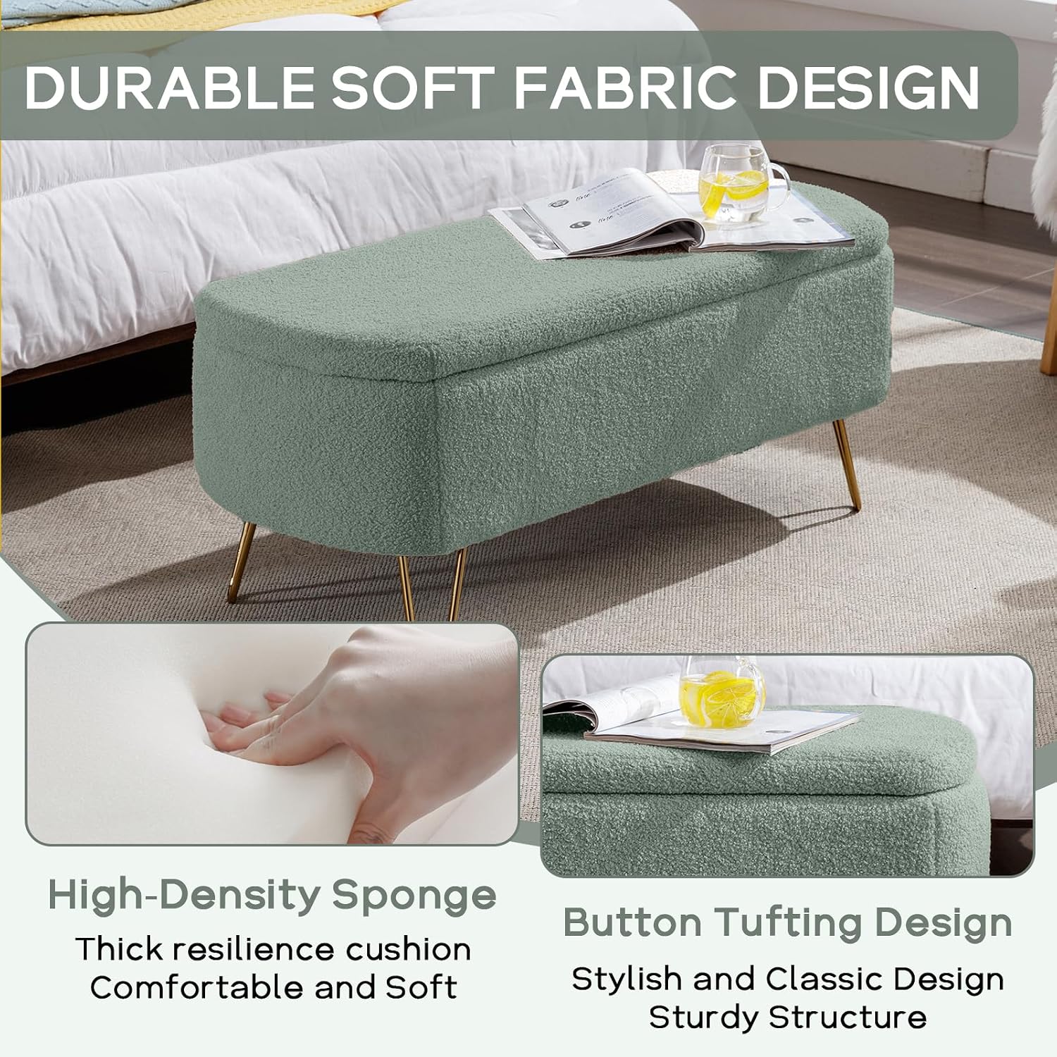 Modern Storage Ottoman Bench, Teddy Upholstered Entryway Bench with Gold Legs, Vintage End of Bed Bench with Safety Hinge, Padded Bench with Storage for Living Room, Bedroom, Entryway (Green)