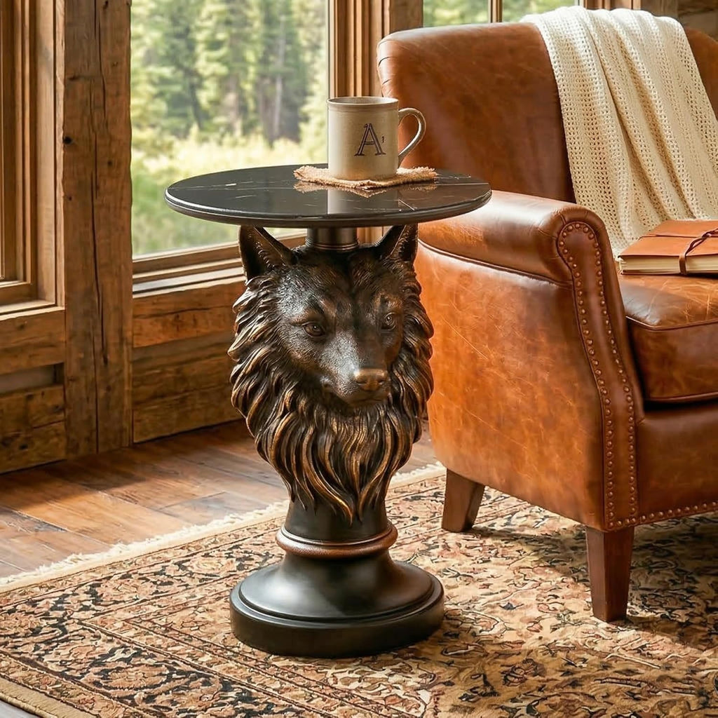 Wolf Head Side Table - 25" Tall Unique Animal Resin End Table with Marble Top, Gothic Antique Accent Furniture for Living Room & Bedroom, Majestic Wolf Statue Nightstand, Rustic Cabin Decor, Bronze
