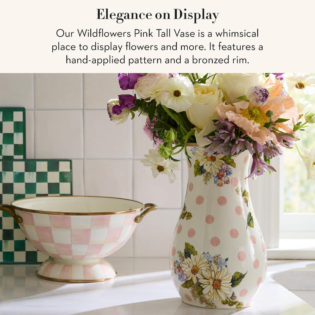 MACKENZIE-CHILDS Tall Enamel Vase, Unique Flower Vase Decor for Living Room, Wildflowers Pink