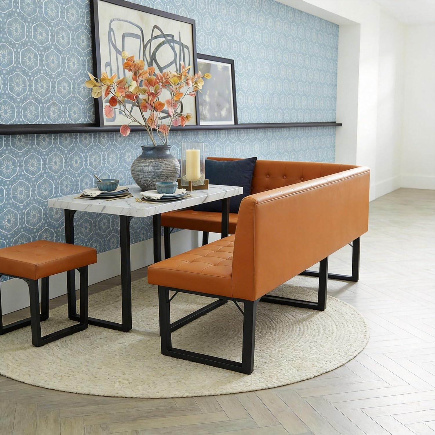 Yechen 72" Corner Breakfast Nook Table Set with Storage Bench, L-Shaped Booth Dining Table Set, Kitchen Corner Bench Seating for 6, Space Saving Dining Furniture, Caramel Brown