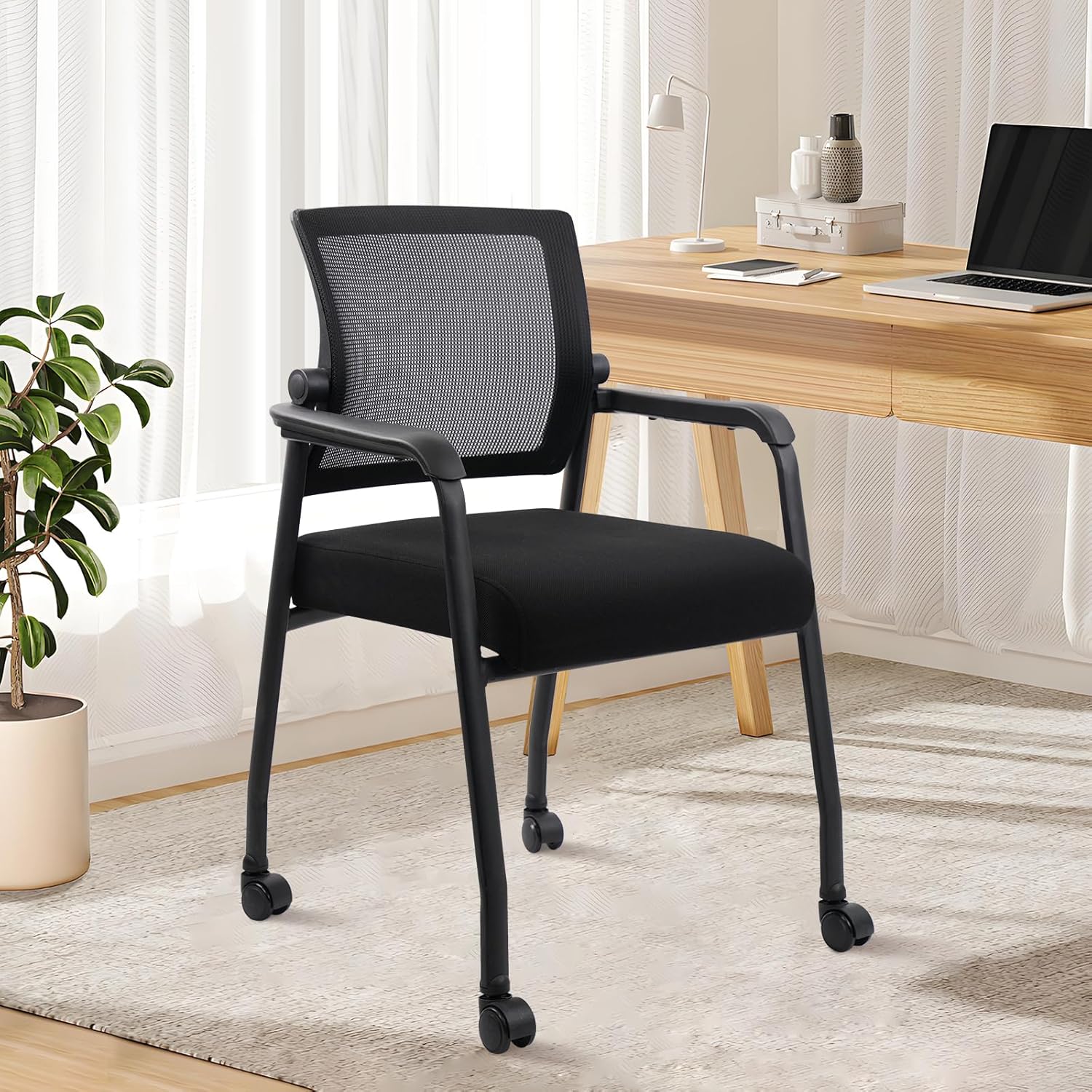 KLASIKA Guest Reception Chair with Adjustable Mesh Backrest and Wheels, Arm Chair with Ergonomic Lumbar Support and Thickened Seats Cushion, Waiting Room Chairs for Office School Lobby Church, Black
