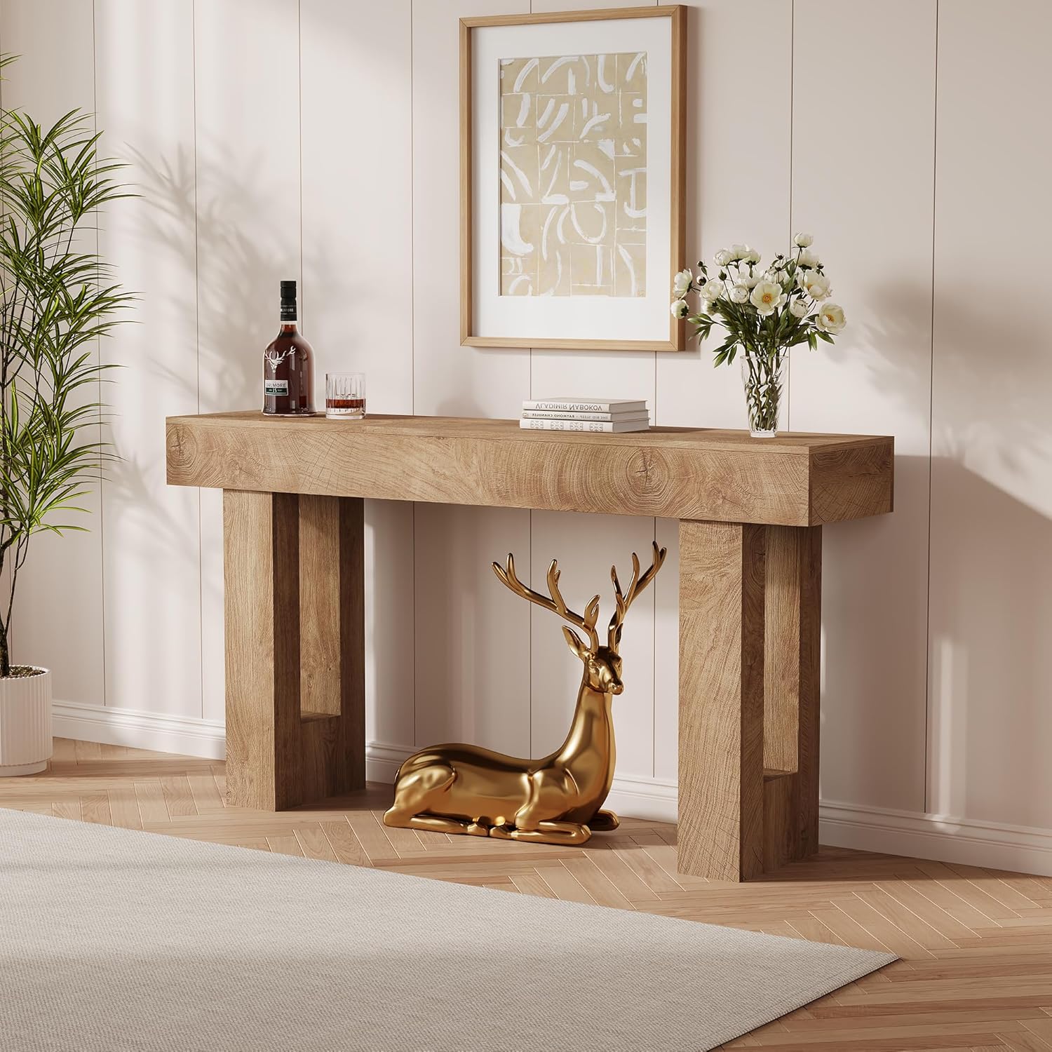 GarveeHome Farmhouse Console Table - 61 in Minimalist Vintage Entryway Table, Storage Rustic Sofa Table with Open Shelves for Hallway, Living Room, Foyer, Bedroom - Knife Cut Wood Grain