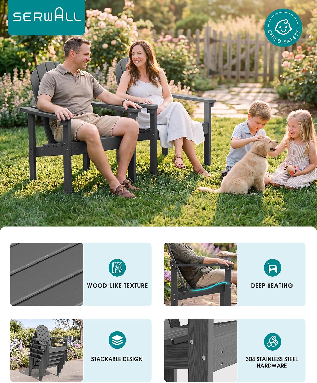 SERWALL Stackable Modern Adirondack Chairs Set of 4, HDPE Outdoor Patio Chairs with Space-Saving Design, All-Weather Fire Pit Chairs with Widened Seat for Deck, Backyard, Garden, Lawn (Grey)