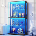 Display Cabinet with Glass Doors, 4-Tier Curio Cabinet with Transparent Full-Display Surface, 65" Glass Display Case with 3 Color Lights for Collectibles, Clear Case with Human Sensor Black