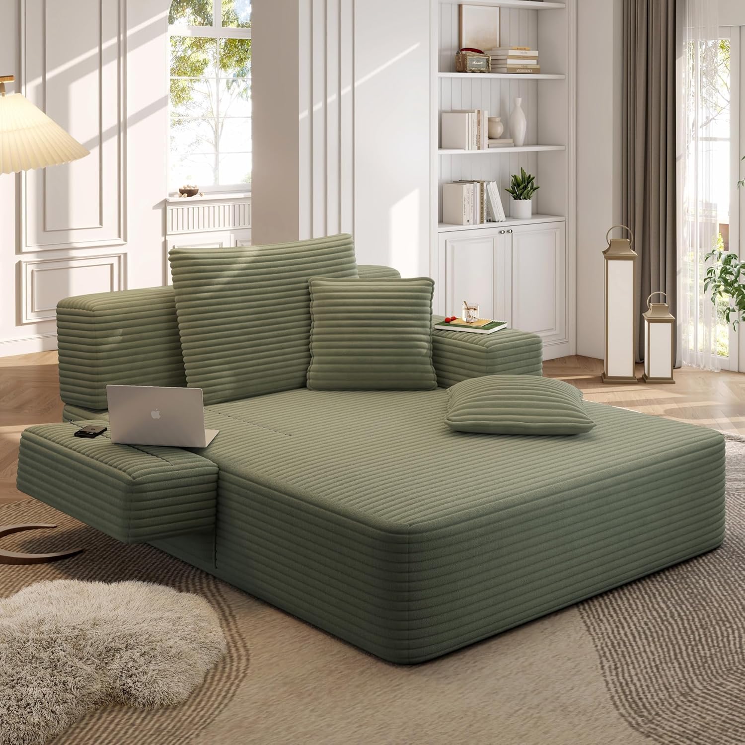 60.2" Oversized Chaise Lounge Chair, Boneless Corduroy Cloud Couch, Deep Seat Convertible Sofa Bed with 3 Pillows, Wide Armrests, Side Pocket, No Assembly (Green)