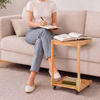 Solid Wood C Shaped End Table, Couch Table with Adjustable Desktop and 2 Lockable Wheels, Small Side Table with Storage, Multi-Functional Laptop Stand & Snack Table for Living Room, Bedroom