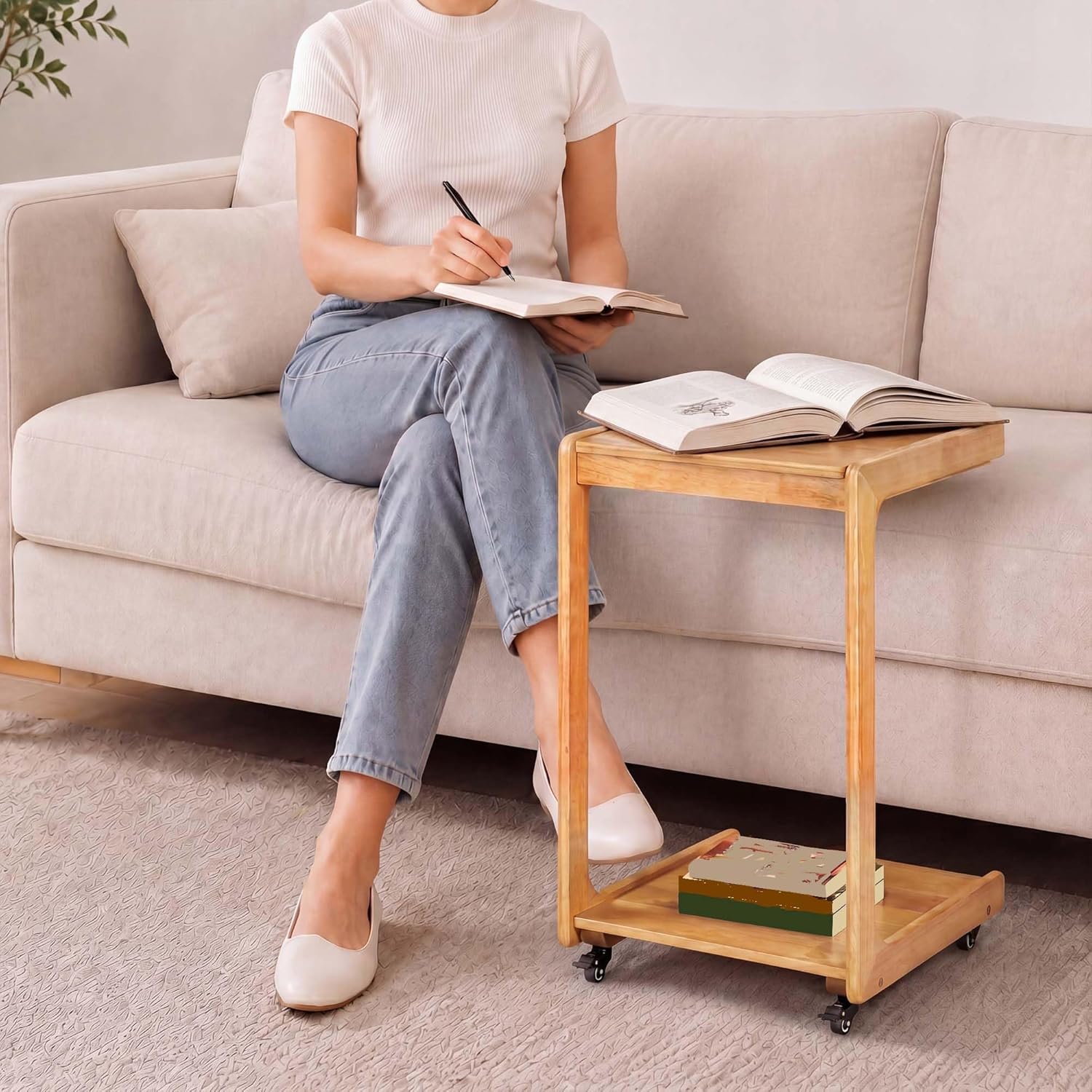 Solid Wood C Shaped End Table, Couch Table with Adjustable Desktop and 2 Lockable Wheels, Small Side Table with Storage, Multi-Functional Laptop Stand & Snack Table for Living Room, Bedroom
