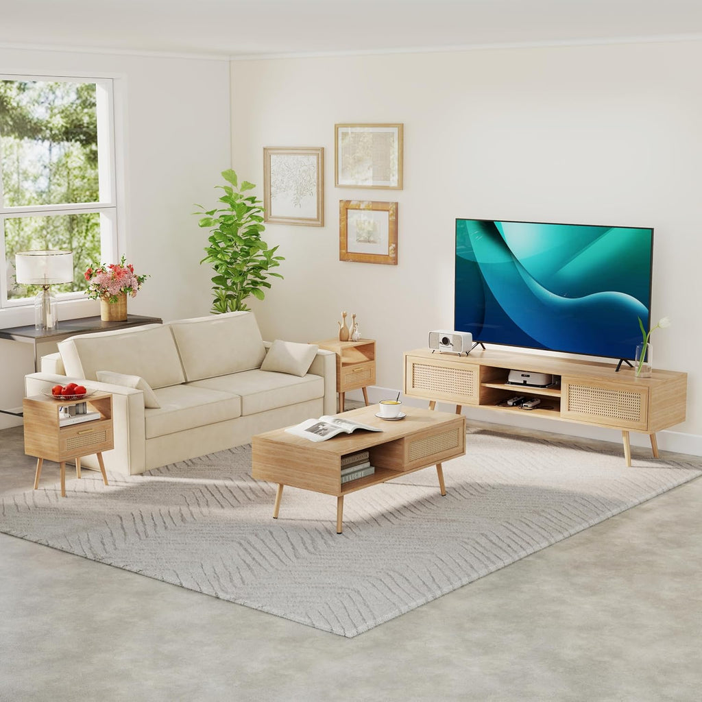 Coffee Table and TV Stand Set of 2, Boho TV Console Coffee Table Set with Sliding Doors, Entertainment Center Set for Living Room (Natural)