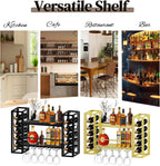 Wall Mount Wine Racks with Glass Holder, Metal Bottle Holder Glass Rack Wall Mount, 2-Tiers Multipurpose Metal Shelf for Home Bar, Kitchen, Dining Room (Black)