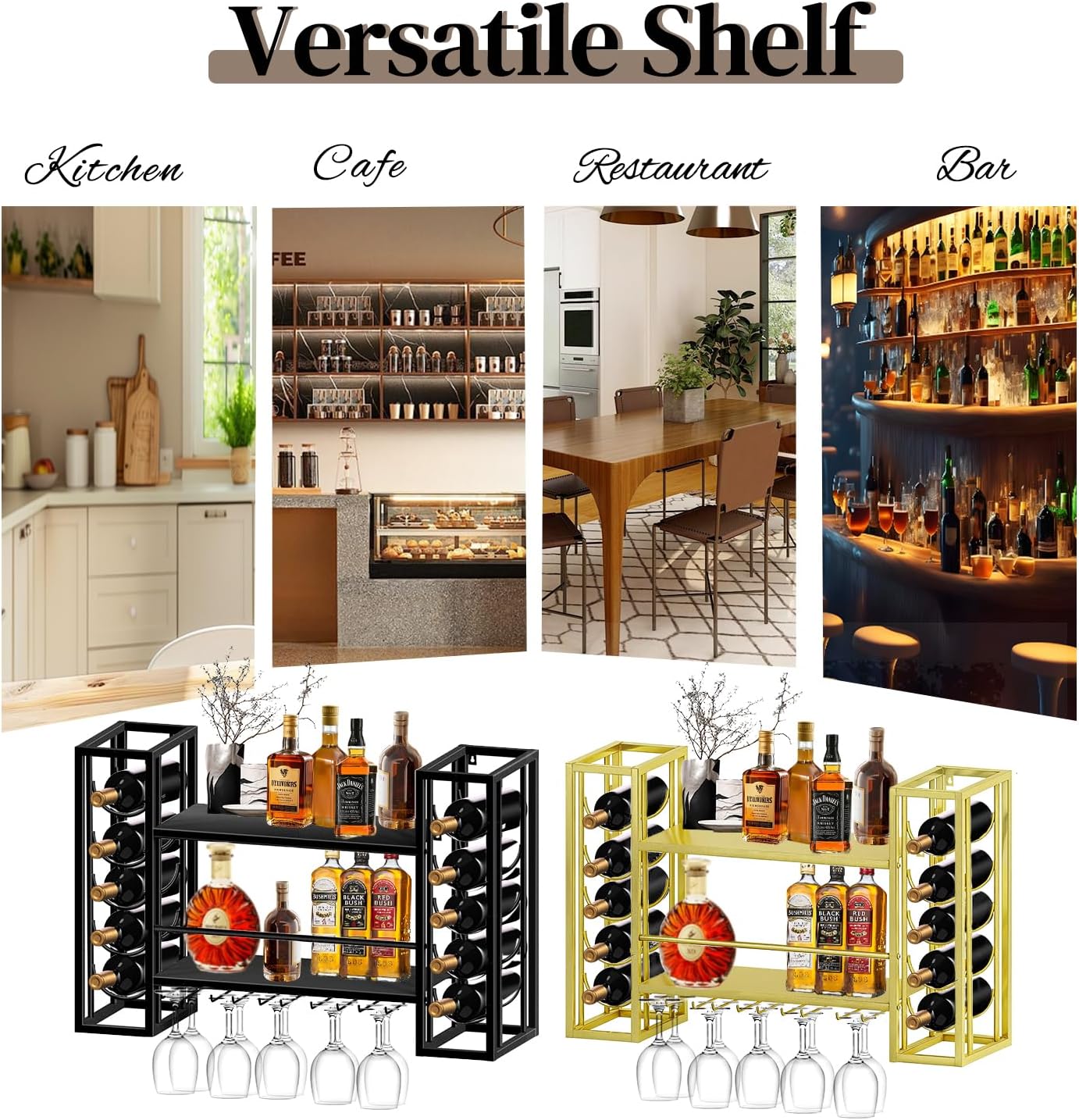 Wall Mount Wine Racks with Glass Holder, Metal Bottle Holder Glass Rack Wall Mount, 2-Tiers Multipurpose Metal Shelf for Home Bar, Kitchen, Dining Room (Black)