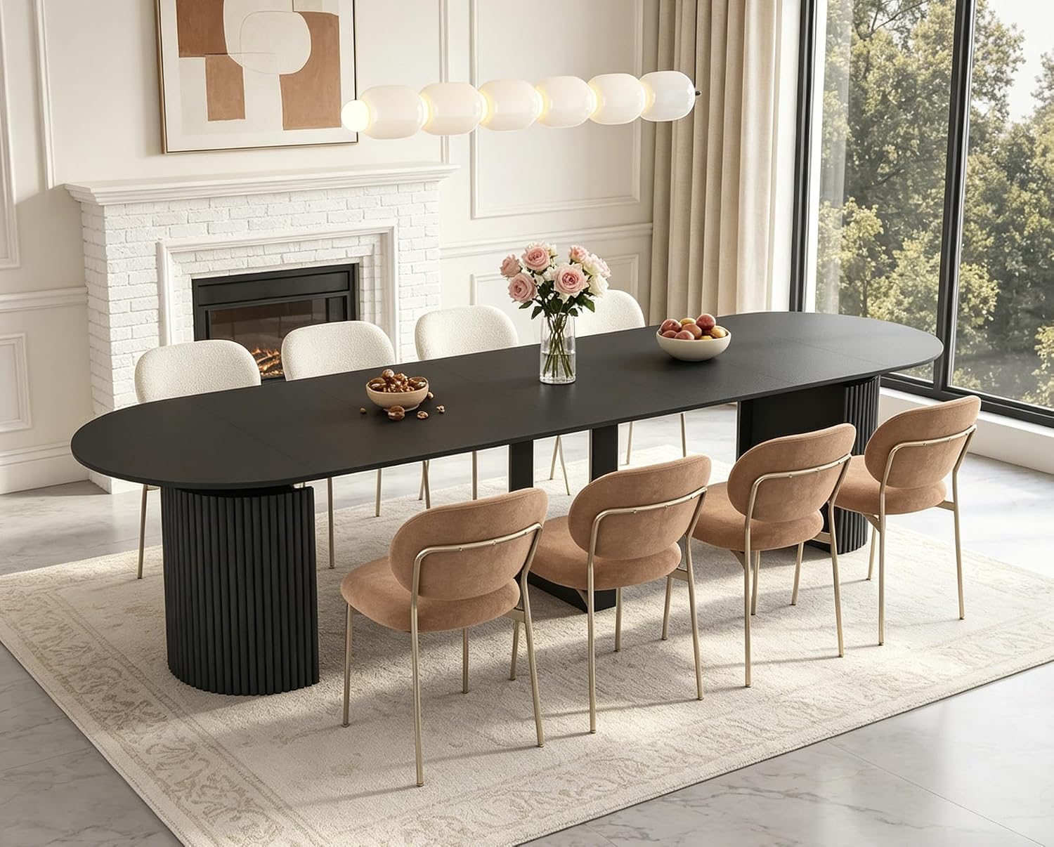 44"-132" Long Round Extendable Dining Table for 4-12, Farmhouse Oval Expandable Dinner Kitchen Table with Fluted Base, Space Saving Mid Century Modern Dining Room Tables for Dining Living Room,Black