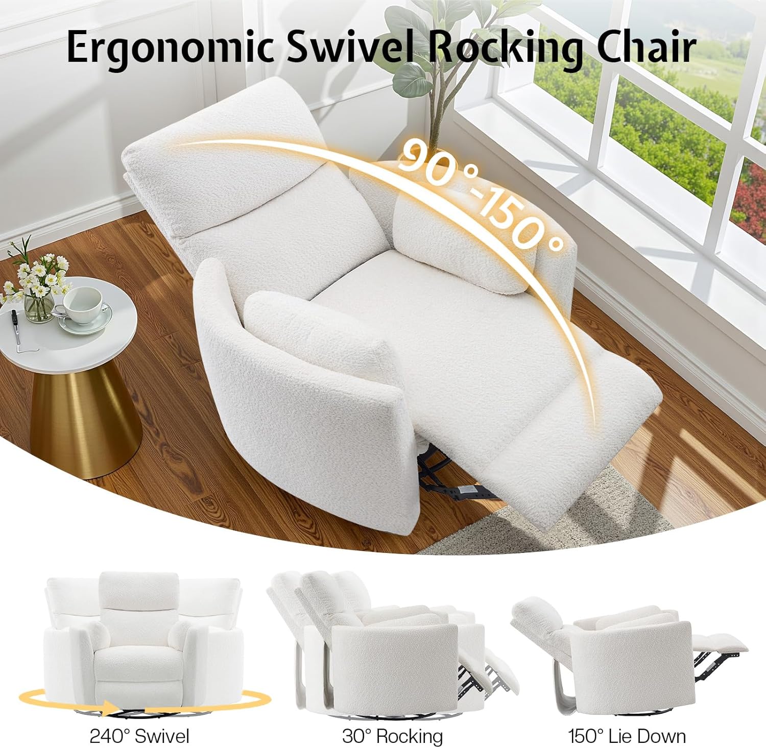 Jocisland Power Rocking Nursery Chair, Oversized Recliner Swivel Glider Chairs for Adults with 2 Pillows, USB & Type-C, Cozy Reclining Armchair Sofa for Living Room, Bedroom, Nursing, White Teddy