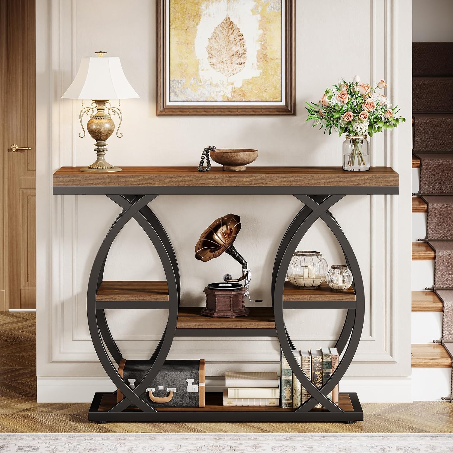 Tribesigns 39.4" Console Table, Sofa Table, Accent Tables, Rustic Brown | 4-Tier Storage Shelves, Wood Tabletop with Metal Frame, Industrial Style, For Narrow Entryway, Hallway, Behind the Couch