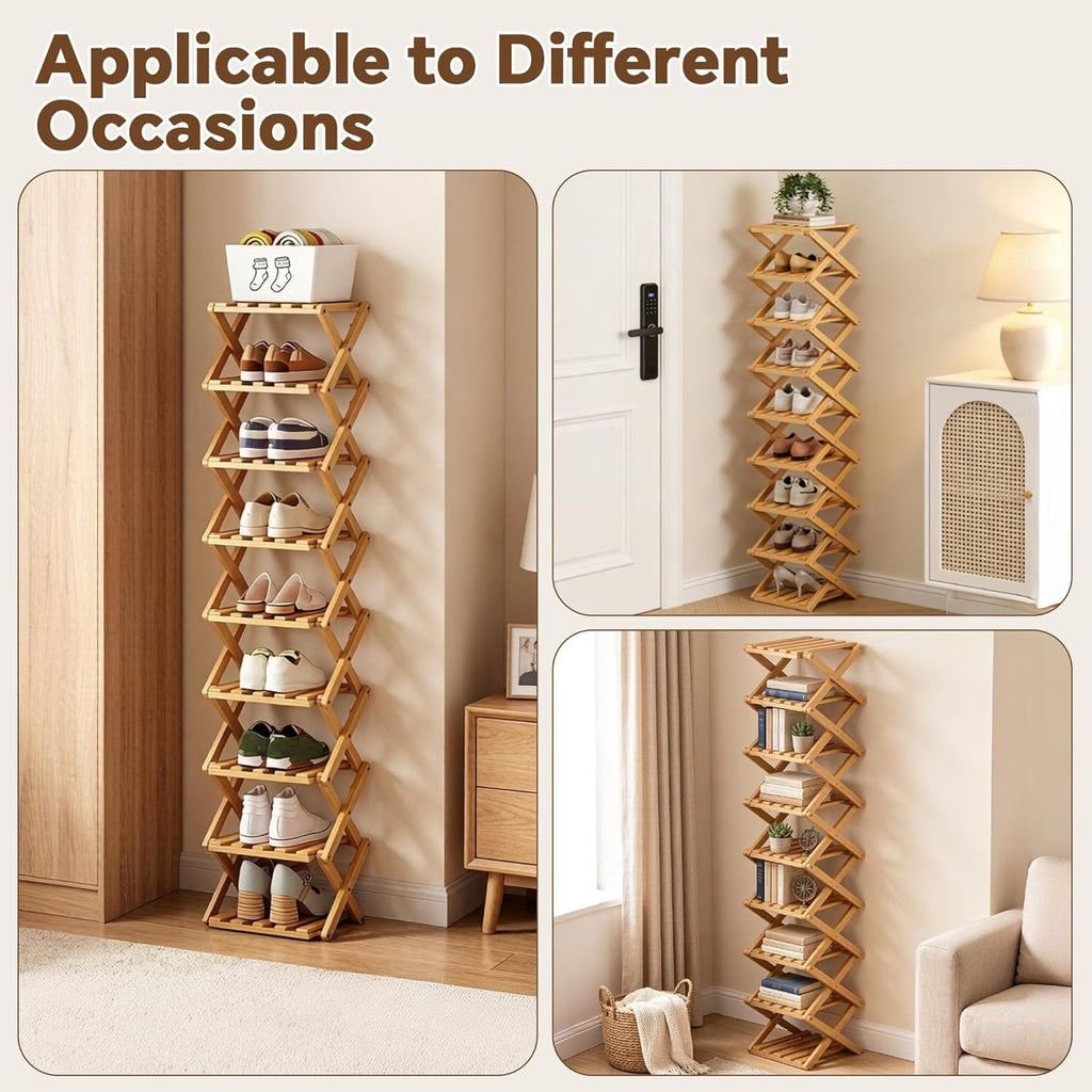 9 Tier Bamboo Shoe Rack, Foldable Narrow Shoe Organizer, Space Saving Vertical Shoe Storage Shelf Tower, No Assembly Eco-Friendly Wooden Shoe Rack for Closet & Entryway, Small Spaces (Bamboo, 9)