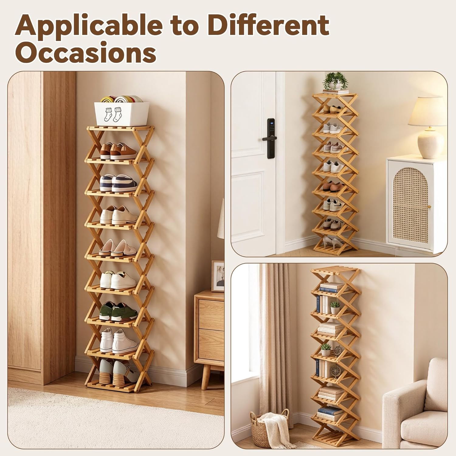 9 Tier Bamboo Shoe Rack, Foldable Narrow Shoe Organizer, Space Saving Vertical Shoe Storage Shelf Tower, No Assembly Eco-Friendly Wooden Shoe Rack for Closet & Entryway, Small Spaces (Bamboo, 9)