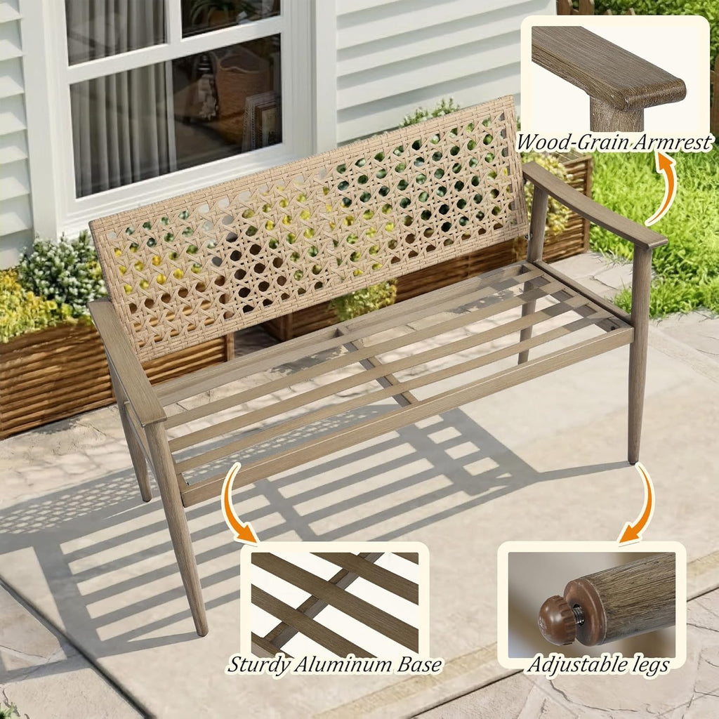 NOBLEMOOD Outdoor Patio Bench with Cushion, 2-Person Garden Loveseat Bench with Wicker Backrest, Aluminum Frame for Outside, Garden, Lawn, Front Porch, Backyard