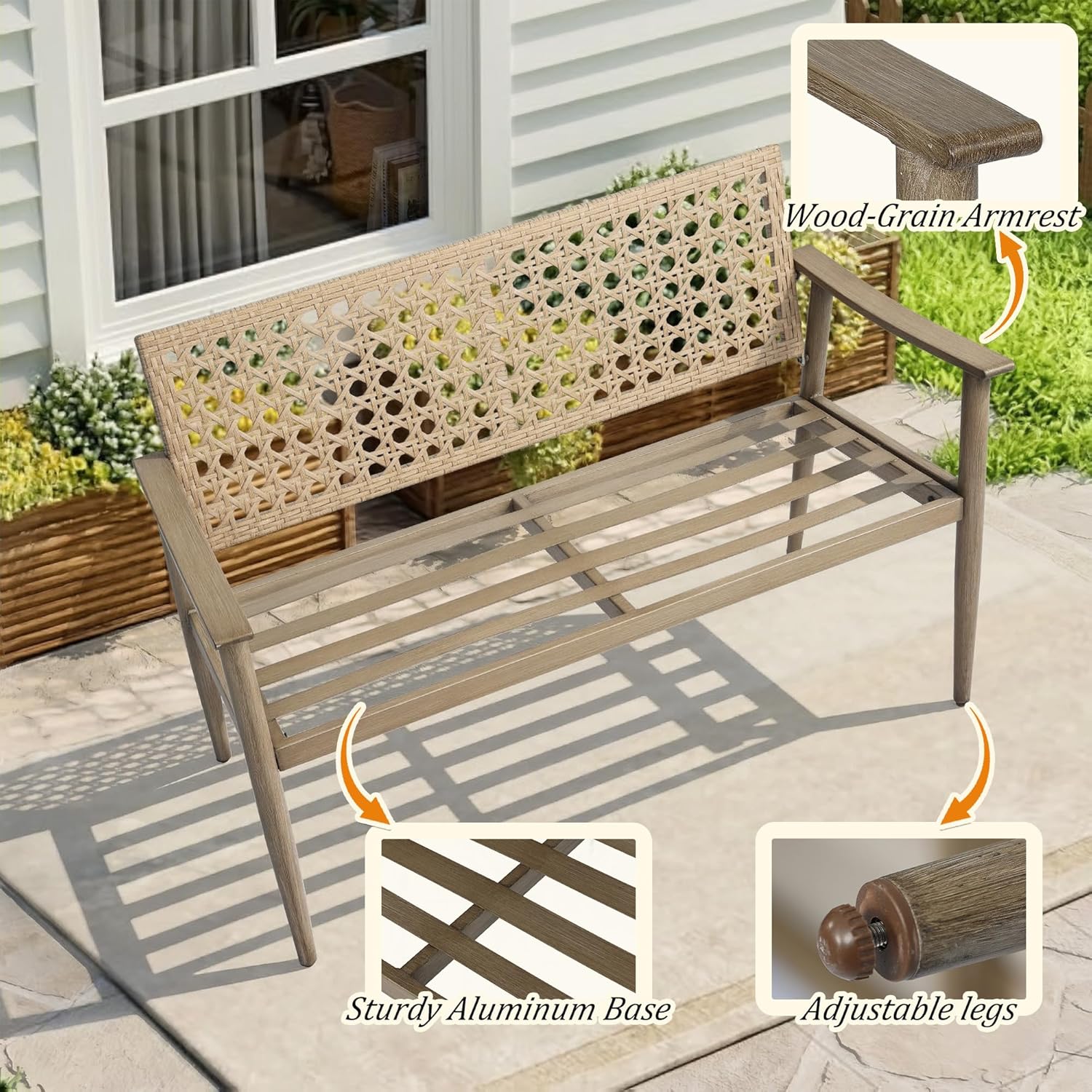 NOBLEMOOD Outdoor Patio Bench with Cushion, 2-Person Garden Loveseat Bench with Wicker Backrest, Aluminum Frame for Outside, Garden, Lawn, Front Porch, Backyard