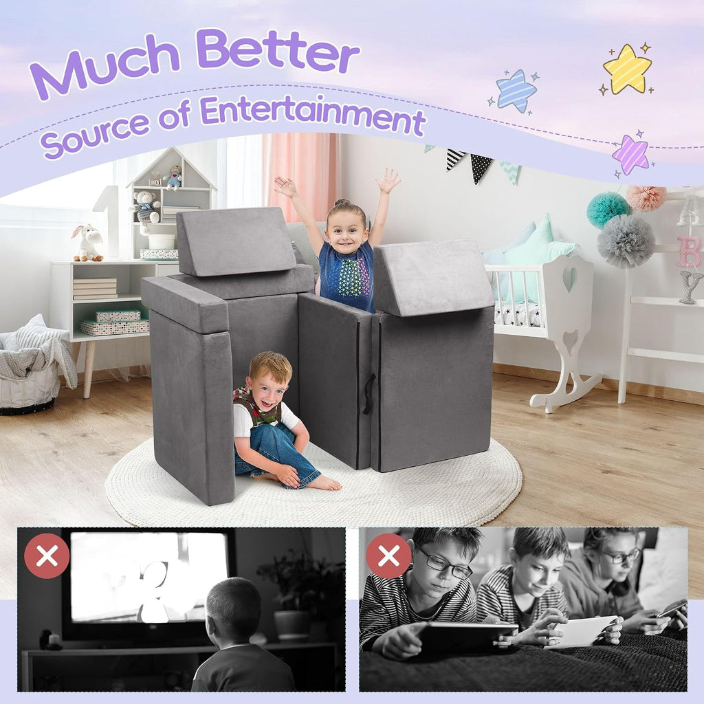 Modular Kids Play Couch, Toddlers Couch Building Set, Children Convertible Play Fort, Kids Sofa for Playroom and Bedroom, Rectangular Armrests