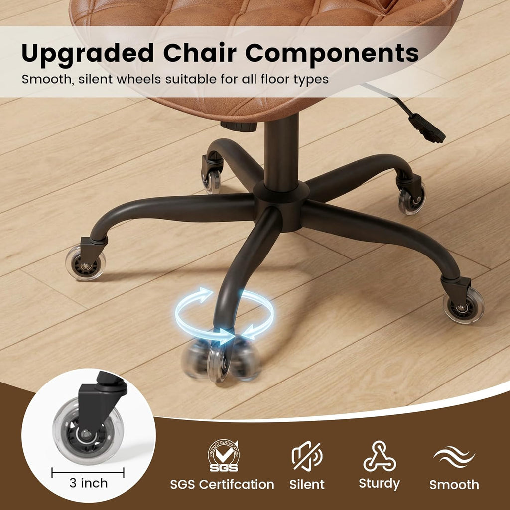 Armless Office Chair, Mid Back Modern Desk Chair with Rubber Wheels, 360 Swivel PU Leather Office Chair No Arms, Adjustable Height Small Computer Chair, Armless Desk Chair for Office, Brown