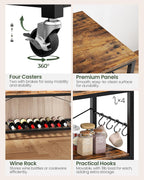 CHOEZON Kitchen Island with Power Outlet and Folding Top, Movable with 3-Tier Storage, Large Size, Wooden Shelves and Wine Rack, for Kitchen, Dining and Living Room, Rustic Brown and Black TZD02UBF