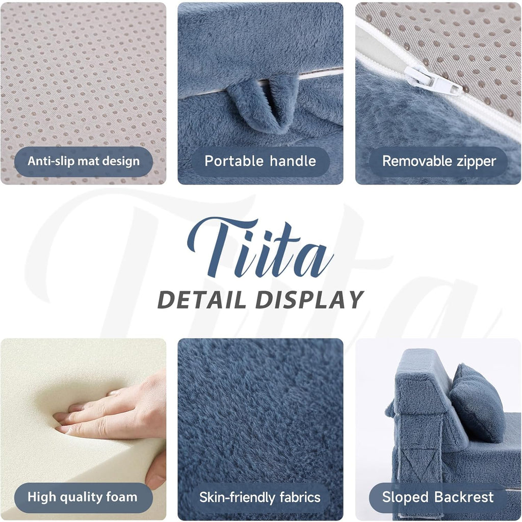 Tiita Convertible Folding Kids Sofa Bed with Pillow & Storage Bag, Plush Fabric Floor Mattress Couch Bed, Washable Cover, Kids Room, Playroom, Dorm, Apartment, Blue Grey