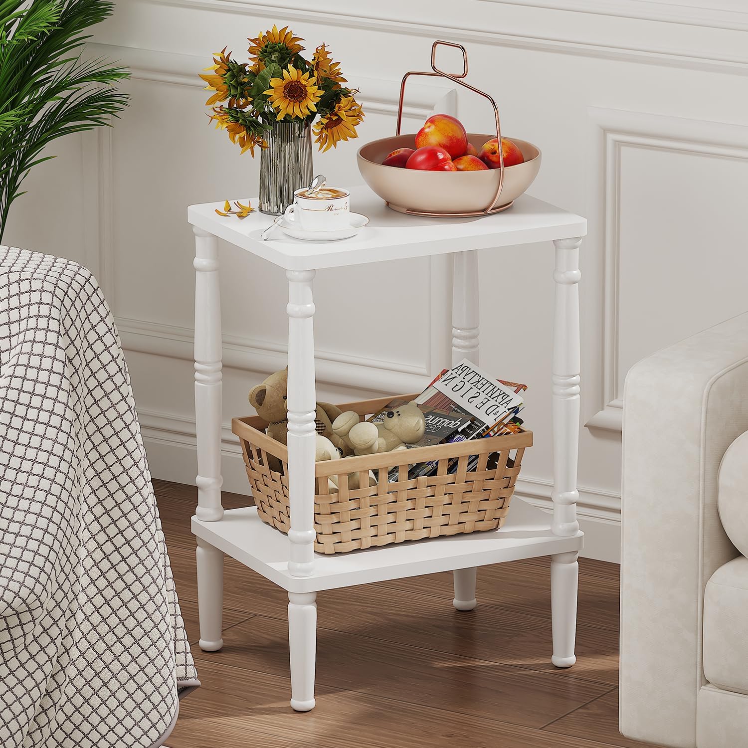 LUCKNOCK Small Side Table for Small Spaces, Vintage End Table, Narrow Couch Side Table with Storage, Skinny Nightstand Bedside Table for Bedroom, Living Room, Farmhouse, No-Tool Assembly. (White)