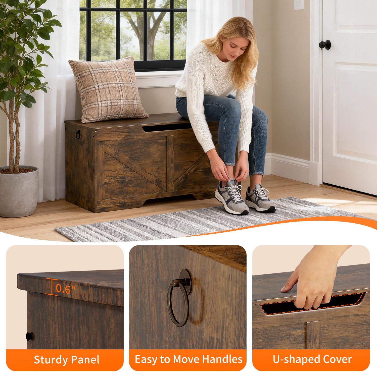 FDW 39.4 Inches Storage Bench, Retro Wooden Storage Benches with Safety Hinge, Entryway Storage Bench Supports 300 lb, Toy Chest Organizer, Easy Assembly for Entryway, Living Room, Brown