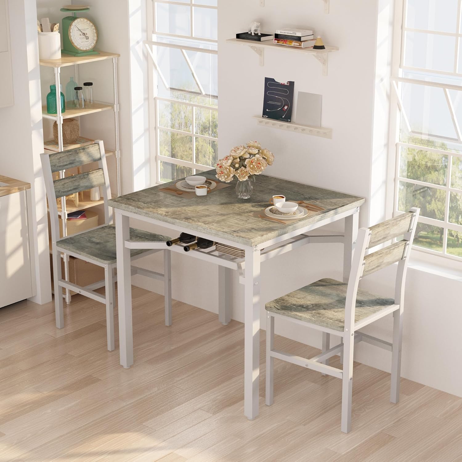 Hooseng 3 Piece Dining Table Set for 2, Small Wooden Kitchen Table with Storage, Farmhouse Square Dinette Set for Dining Room, Breakfast Nook, Apartment, Small Space