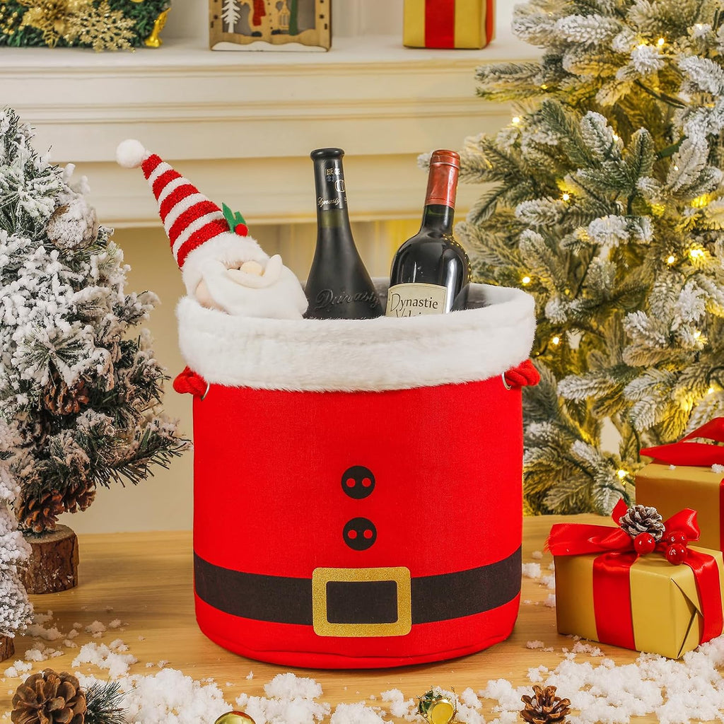 Christmas Bucket Xmas Buckets Red Santa Belt Round Basket with Handles, Christmas Game Ornaments Storage Tins Gift Basket Empty Decorative Kitchen Candy Bars for Xmas Winter Holidays Party Favors