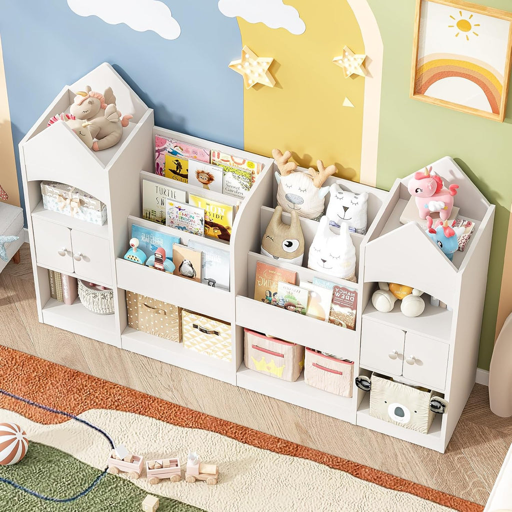 Halitaa Castle Shape Children's Bookshelf, Kids Bookcase Display Case Kids Toy Storage Organizer Multifunctional Storage Cabinet Bookshelf Suitable for Playroom, Children's Room, Living Room, White