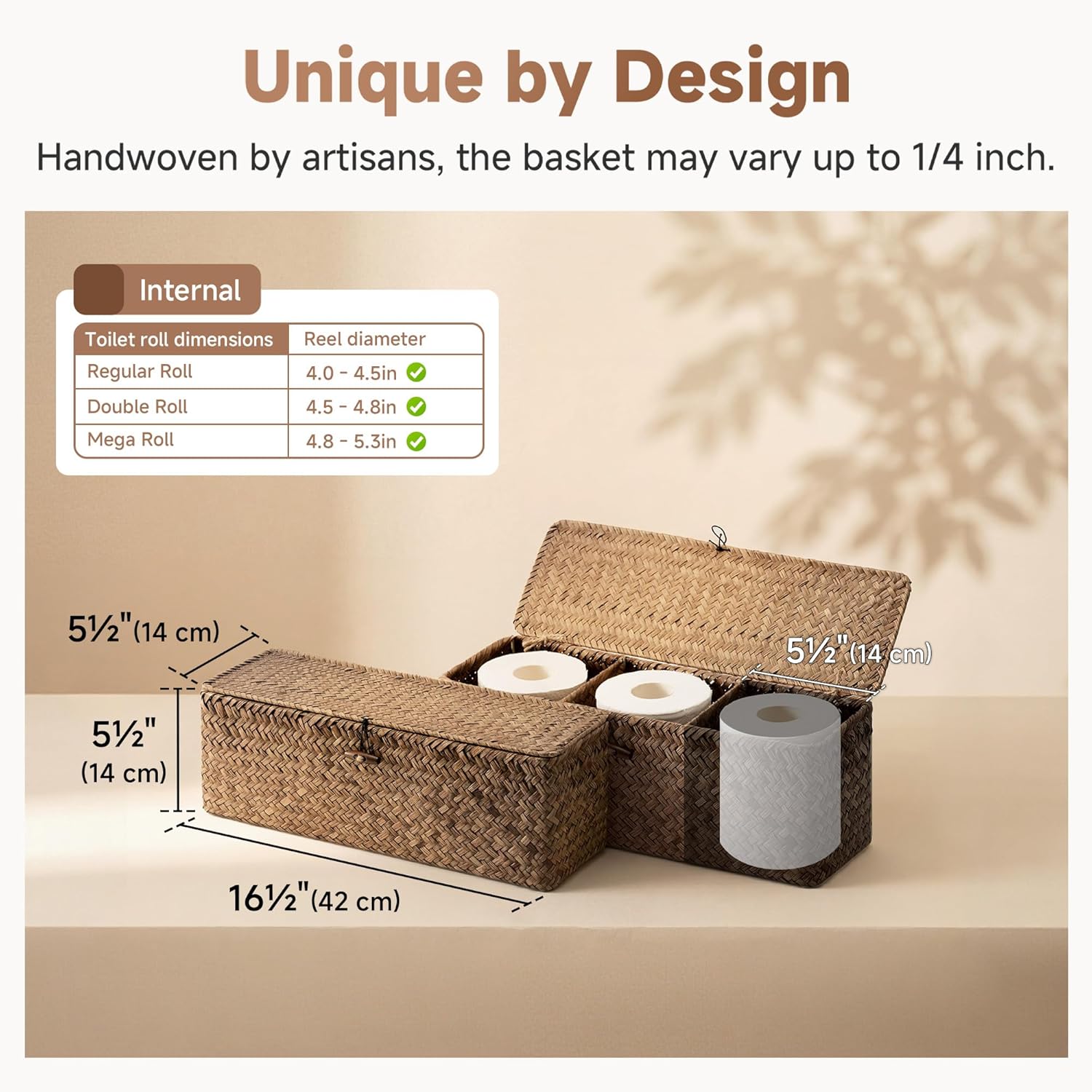 StorageWorks Toilet Paper Storage Basket with Lid, Large Wicker Baskets with 3 Compartments, Seagrass Back of Toilet Basket for Tank Topper, Shelves Organizer, 16½"x 5½"x 5½, 1-Pack