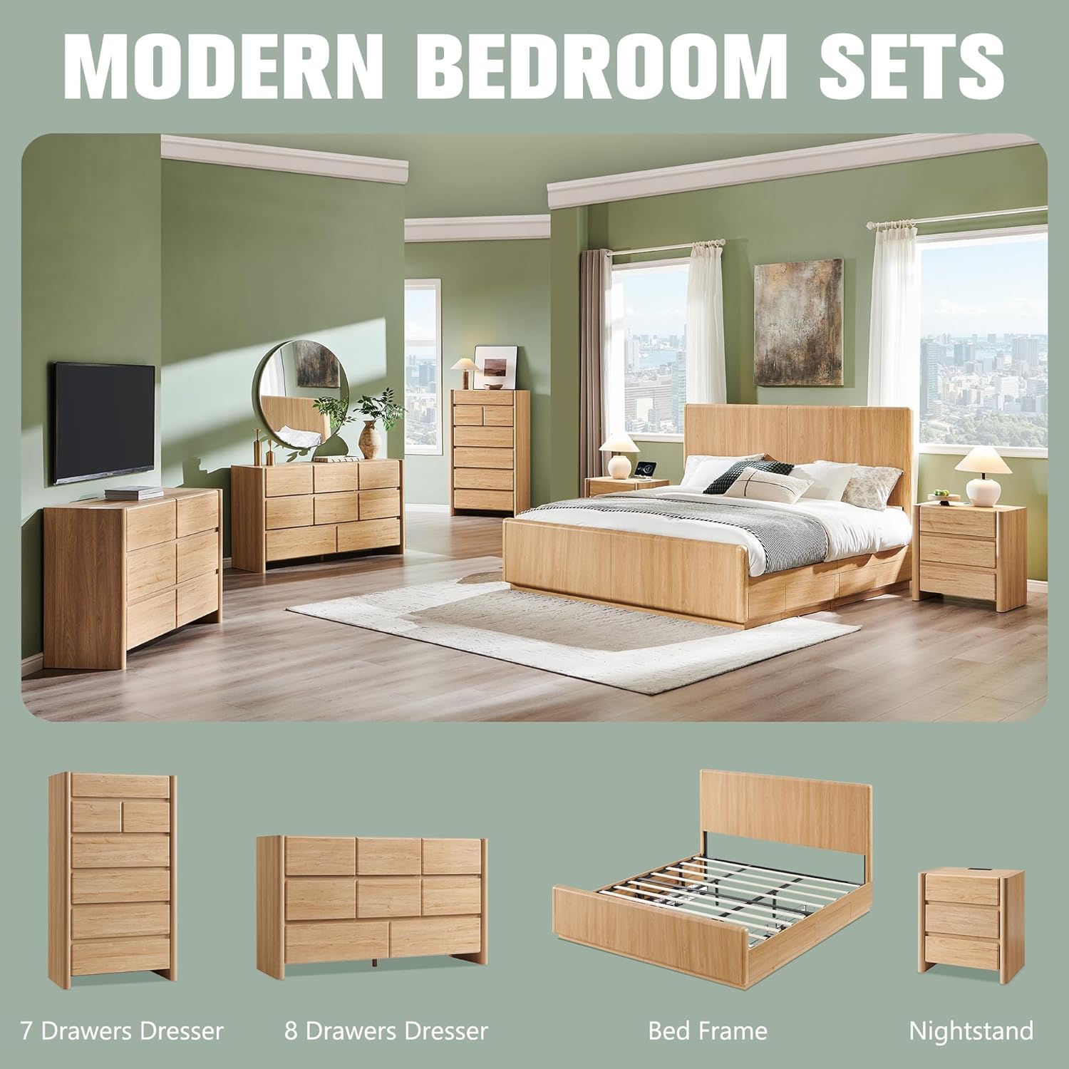 25" Tall Modern Nightstand Set of 2, 23.6" W Night Stand with Charging Station & 3 Handleless Storage Drawers, Wood Nightstands w/Rounded Corner Design for Bedroom (Natural)