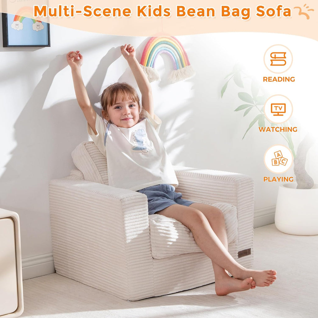 MAXYOYO Kids Bean Bag Chair, Upholstered Bean Bag Sofa Cloud Seat | Boneless Couch with Tufted Cushion & Pillows, Kids Sofa in A Box, No Assembly Required, Beige, Single
