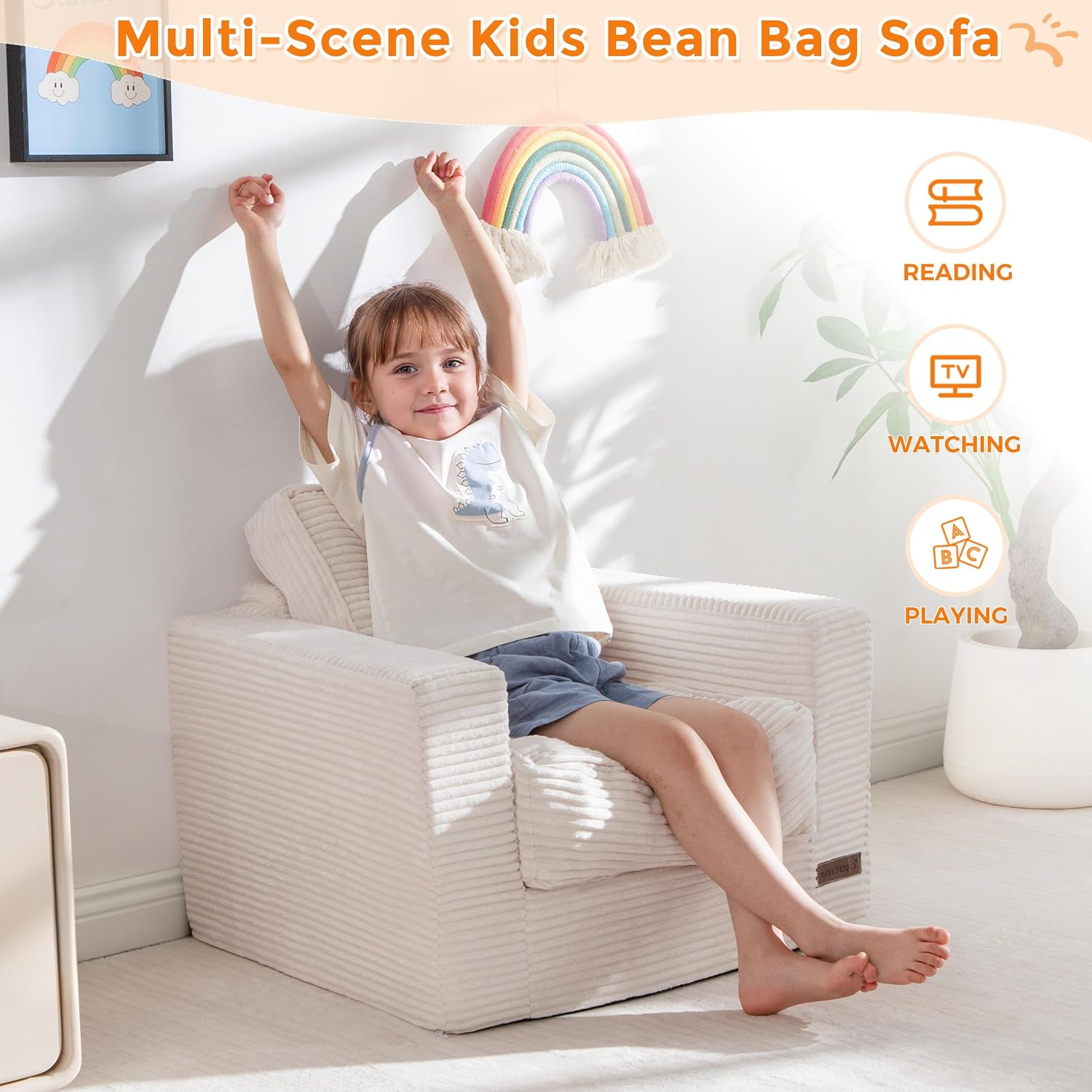 MAXYOYO Kids Bean Bag Chair, Upholstered Bean Bag Sofa Cloud Seat | Boneless Couch with Tufted Cushion & Pillows, Kids Sofa in A Box, No Assembly Required, Beige, Single