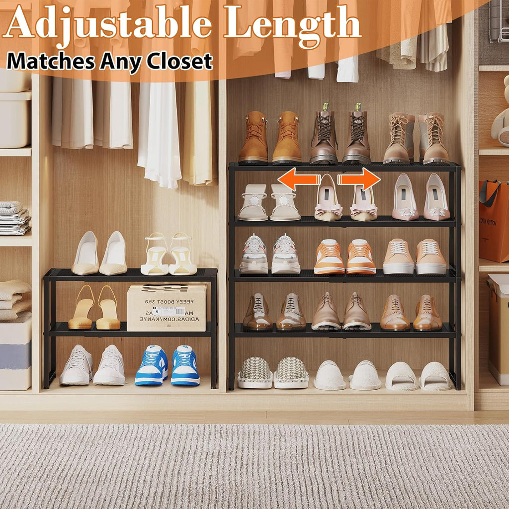 2 Tier Shoe Rack Organizer for Closet and Entryway, Expandable & Stackable Metal Shoe Storage Shelf, Adjustable Small Shoe Rack (17.52-28.74 in), Black